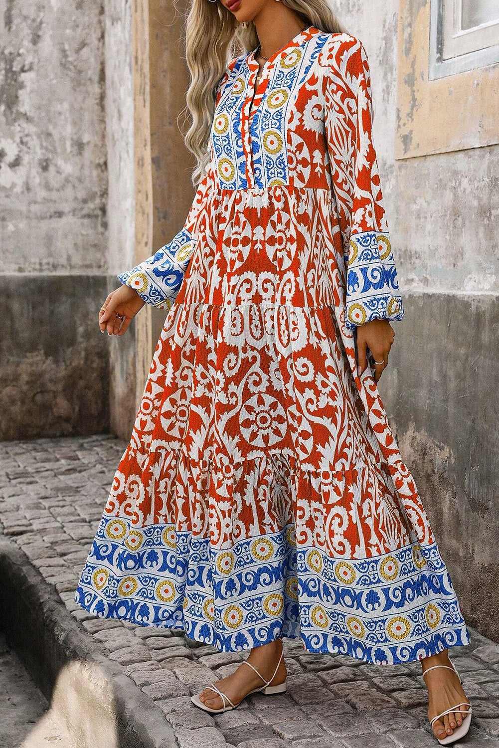 Orange Boho Geometric Printed Long Sleeve Maxi Dress-Dresses/Maxi Dresses-[Adult]-[Female]-2022 Online Blue Zone Planet