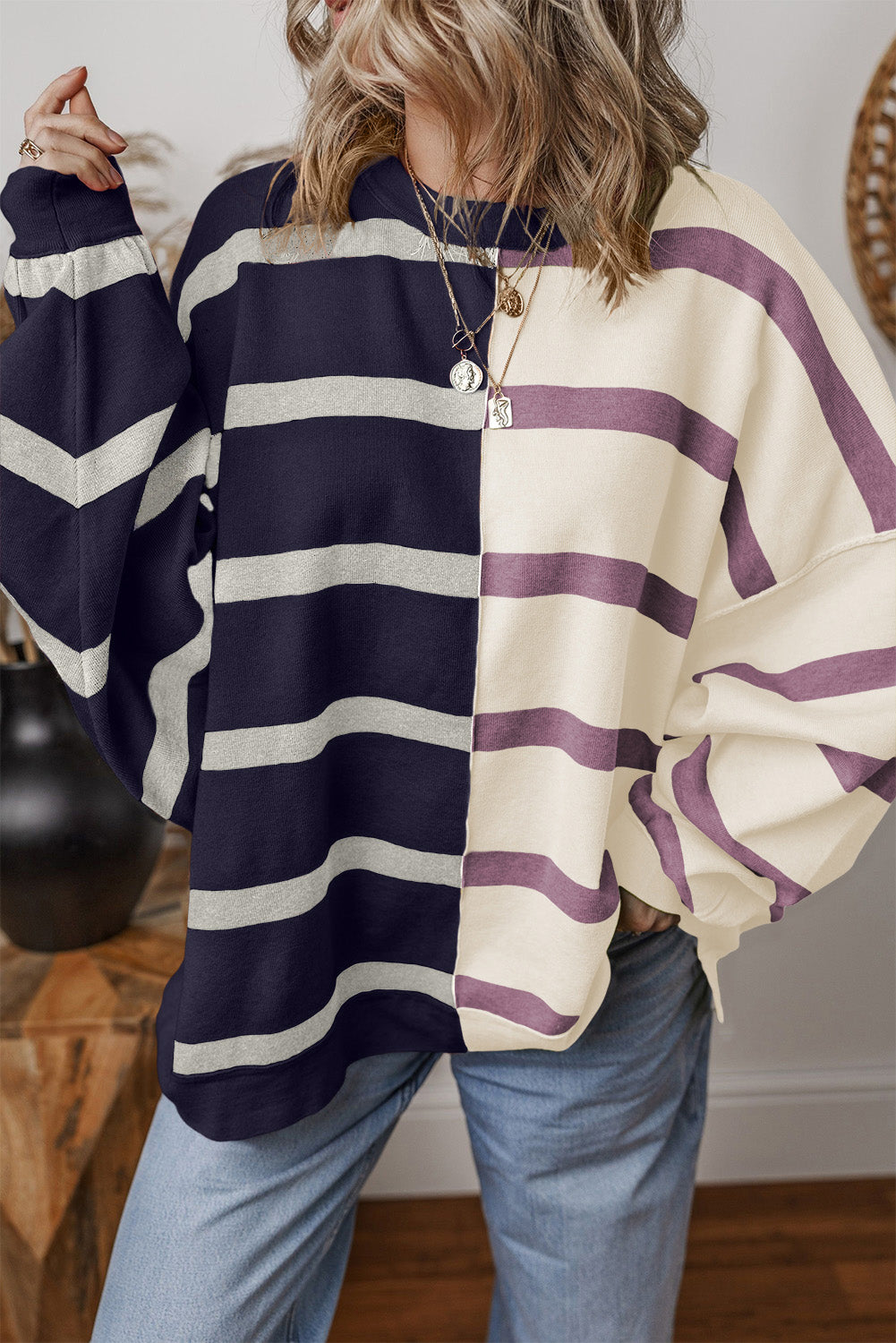 Blue Stripe Colorblock Oversized Sweater-TOPS / DRESSES-[Adult]-[Female]-Blue Stripe-S-2022 Online Blue Zone Planet