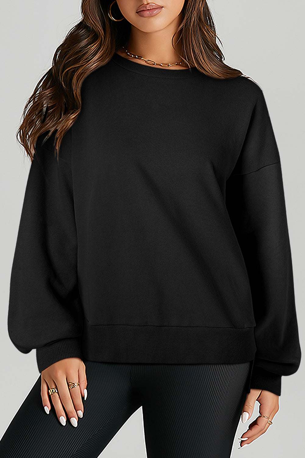 Parchment Solid O Neck High Low Hem Pullover Sweatshirt-Tops/Sweatshirts & Hoodies-[Adult]-[Female]-Black-S-2022 Online Blue Zone Planet