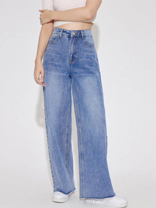 High Waist Straight Leg Jeans with Pockets-[Adult]-[Female]-Light-XS-2022 Online Blue Zone Planet