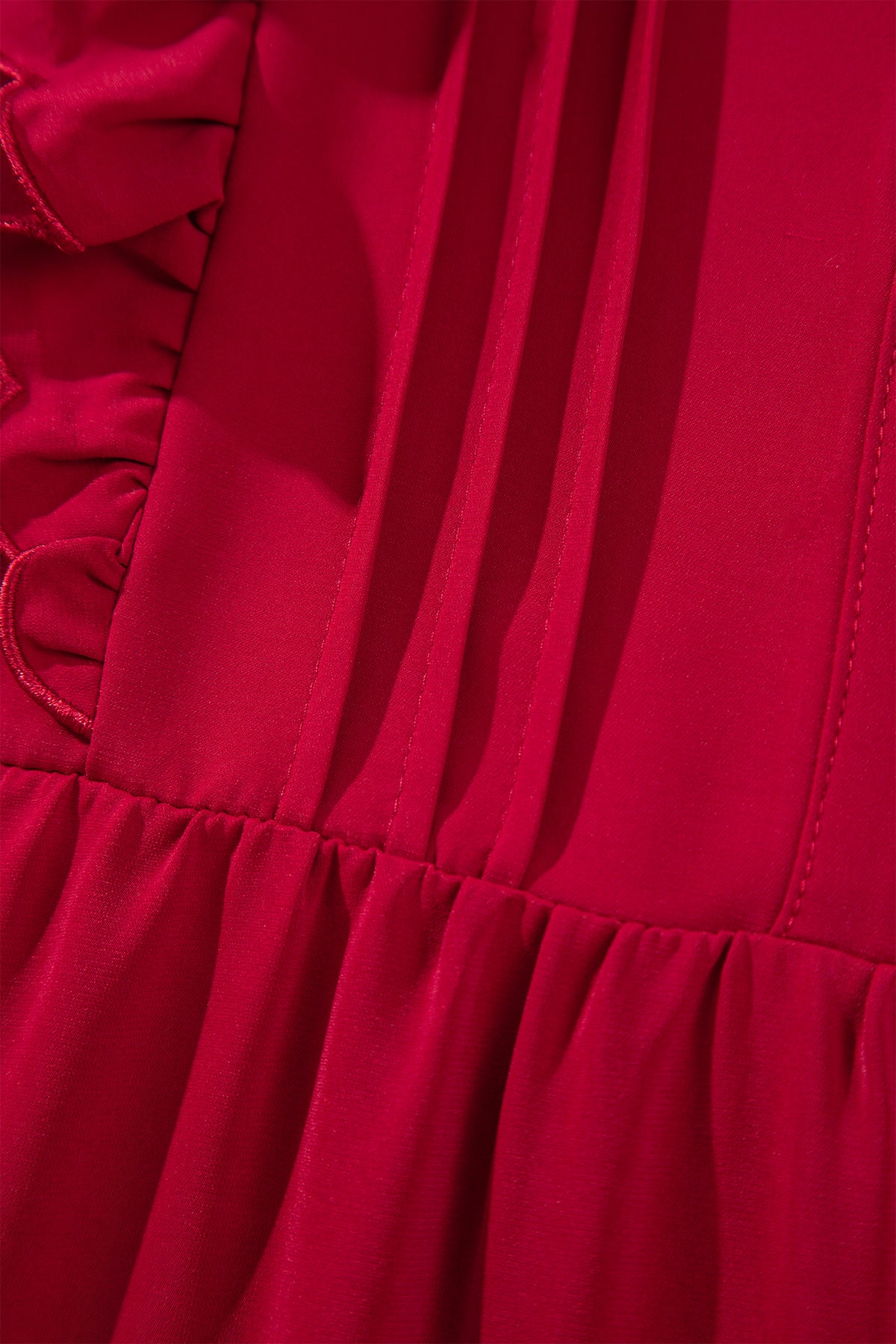 Racing Red Solid Color Ruffle Trim Long Sleeve Tiered Shift Midi Dress