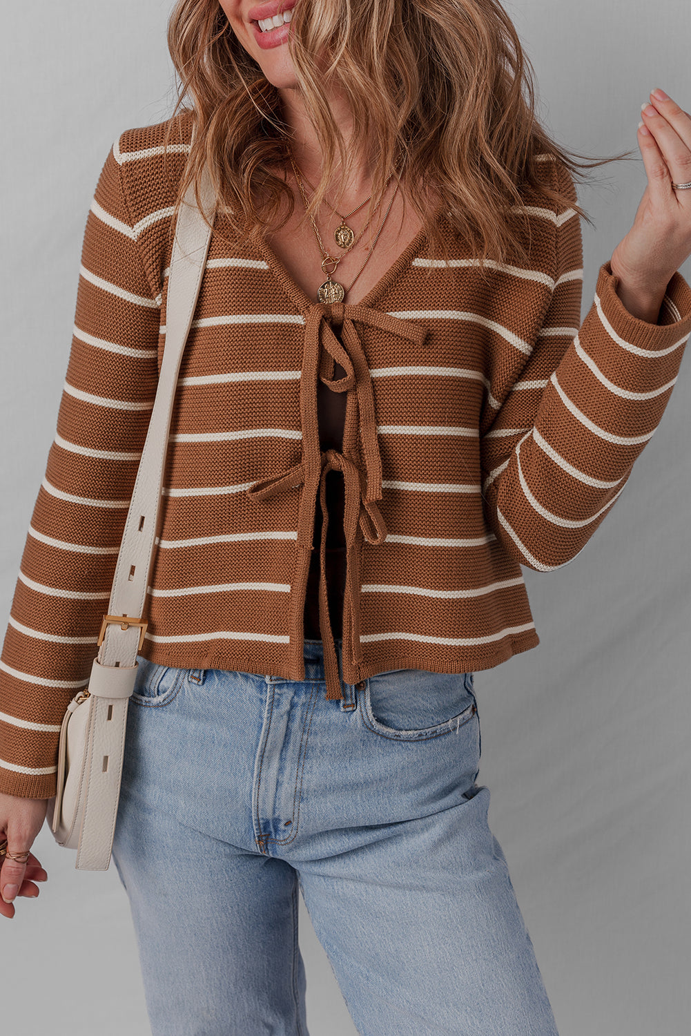 Chestnut Tie Front Striped Knit V Neck Cardigan Sweater-Sweaters & Cardigans/Cardigans-[Adult]-[Female]-2022 Online Blue Zone Planet