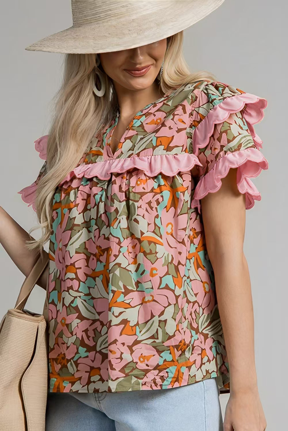 Multicolour Floral Tiered Ruffled Short Sleeve Blouse-Tops/Blouses & Shirts-[Adult]-[Female]-2022 Online Blue Zone Planet