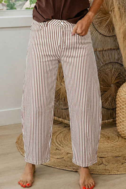 Brown Stripe Casual Barrel Jeans-Bottoms/Jeans-[Adult]-[Female]-Brown Stripe-4-2022 Online Blue Zone Planet