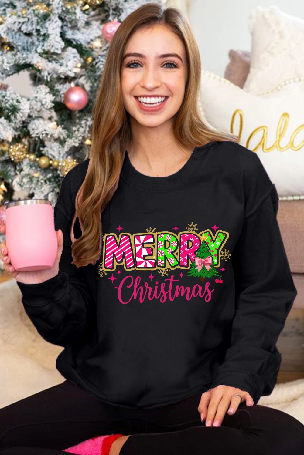 Black MERRY Christmas Playful Letter Print Drop Shoulder Sweatshirt-Graphic/Graphic Sweatshirts-[Adult]-[Female]-2022 Online Blue Zone Planet