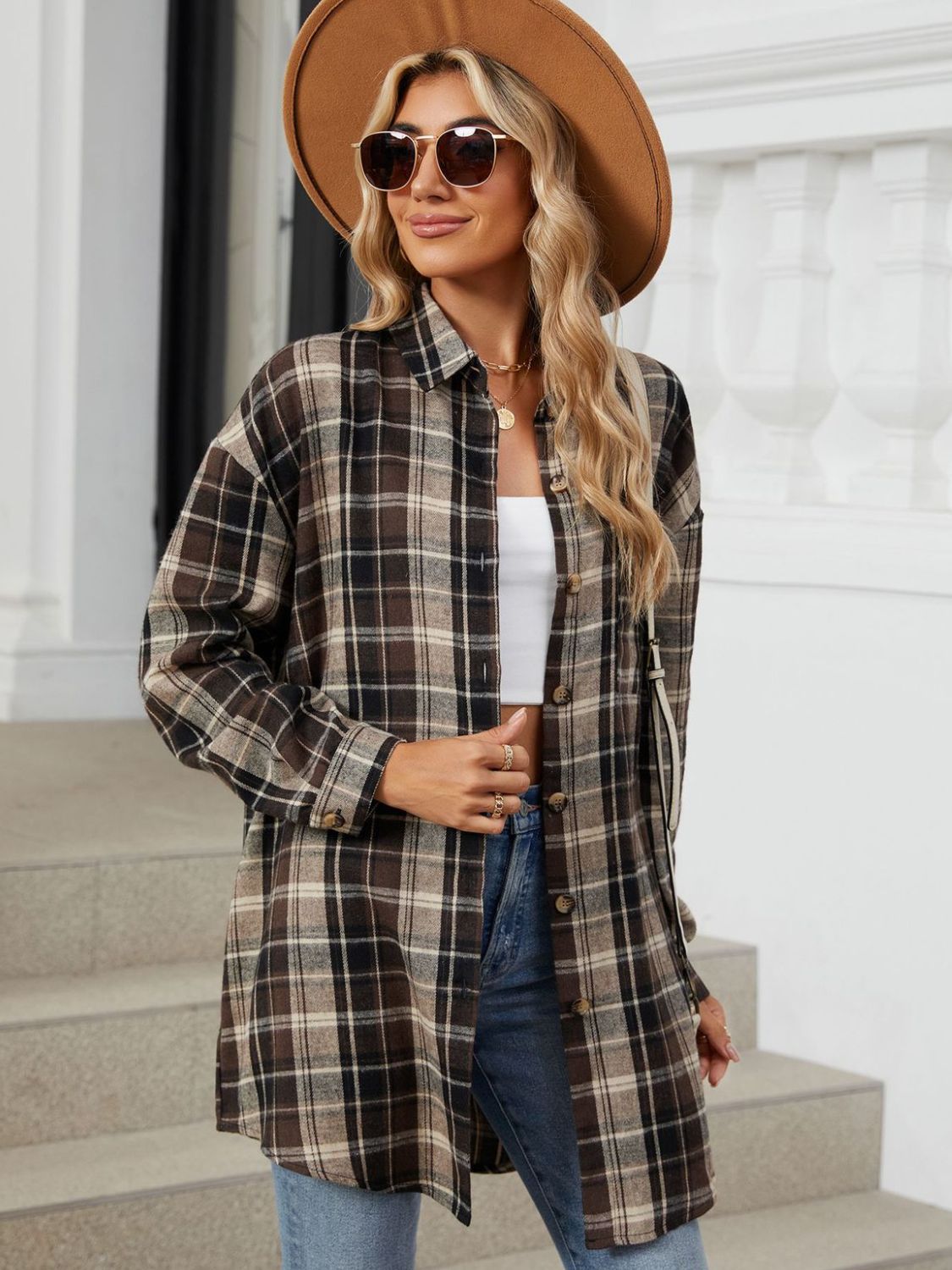 Plaid Collared Neck Long Sleeve Shirt-TOPS / DRESSES-[Adult]-[Female]-2022 Online Blue Zone Planet