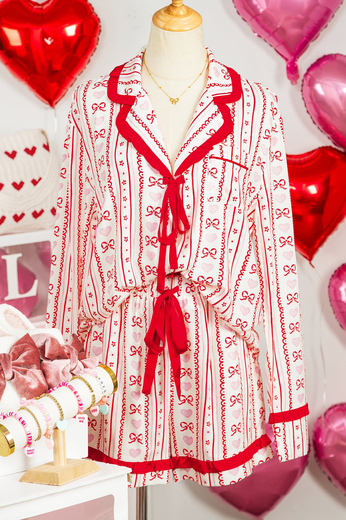 Red Sweet Floral Heart Bow Print Contrast Trim Long Sleeve Shirt Pajama Short Set-Loungewear & Sleepwear/Sleepwear-[Adult]-[Female]-2022 Online Blue Zone Planet