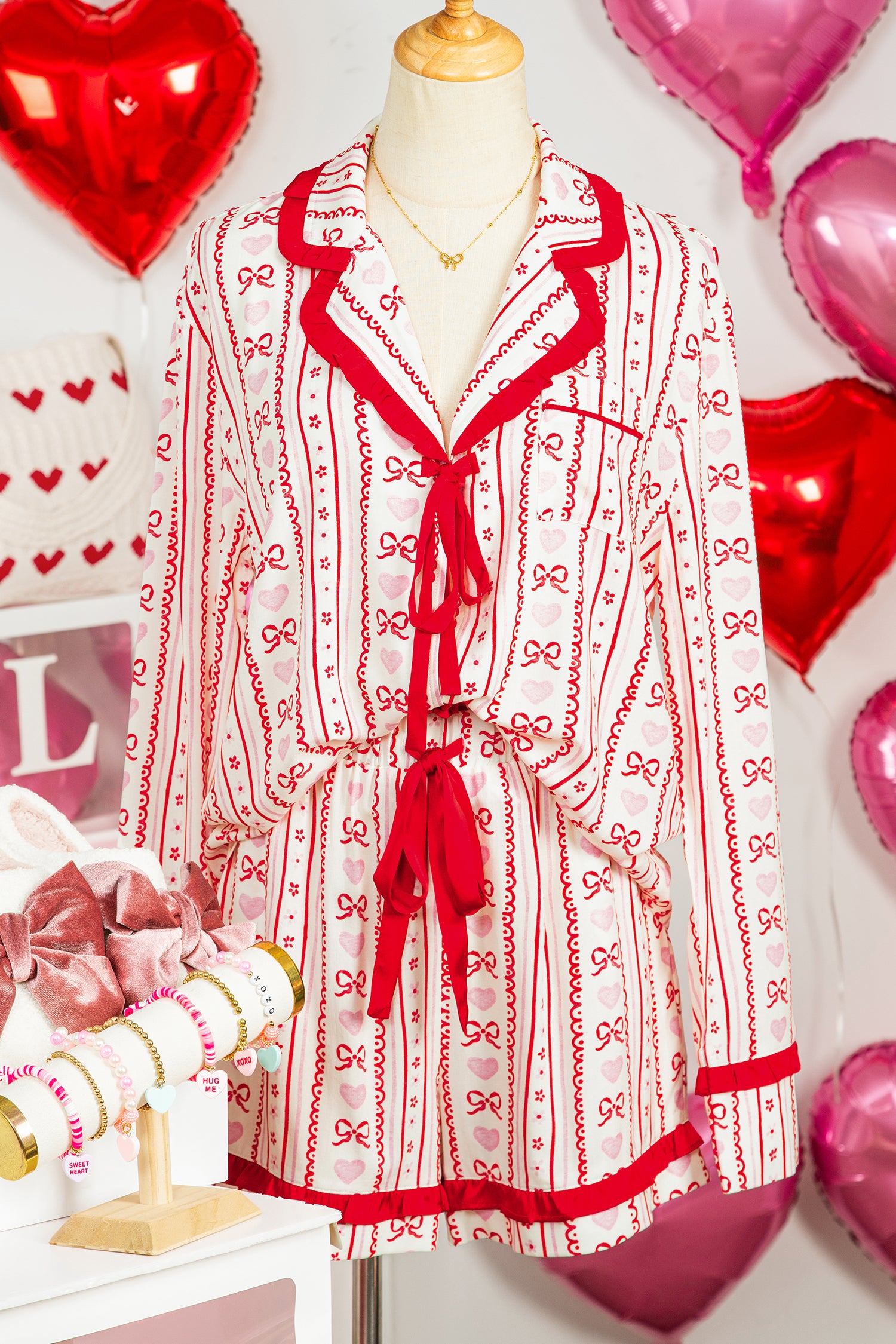 Red Sweet Floral Heart Bow Print Contrast Trim Long Sleeve Shirt Pajama Short Set-Loungewear & Sleepwear/Sleepwear-[Adult]-[Female]-2022 Online Blue Zone Planet