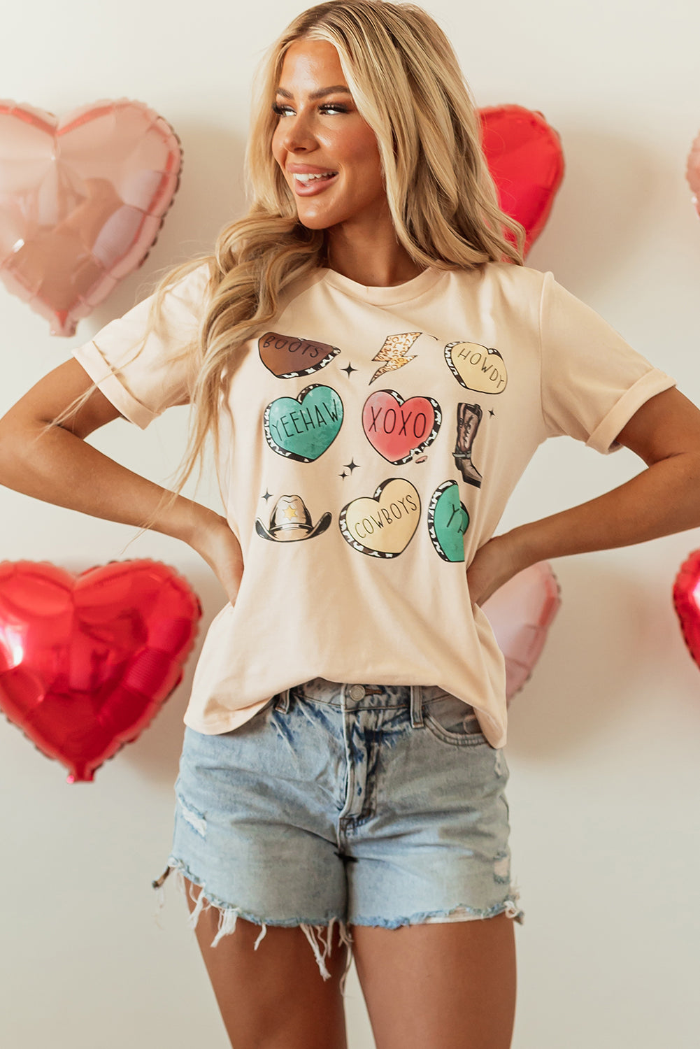 Khaki Western Fashion Valentine Graphic T-shirt-Graphic/Graphic Tees-[Adult]-[Female]-Khaki-S-2022 Online Blue Zone Planet