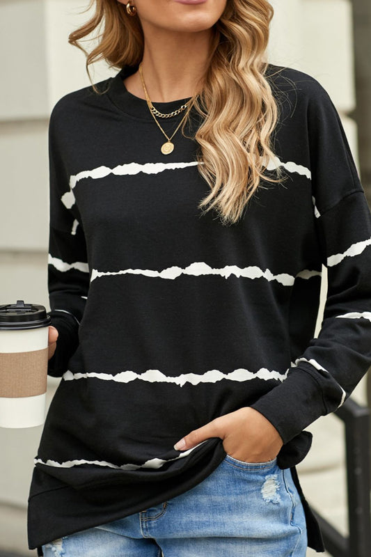 Slit Contrast Striped Round Neck Long Sleeve T-Shirt-TOPS / DRESSES-[Adult]-[Female]-Black-S-2022 Online Blue Zone Planet