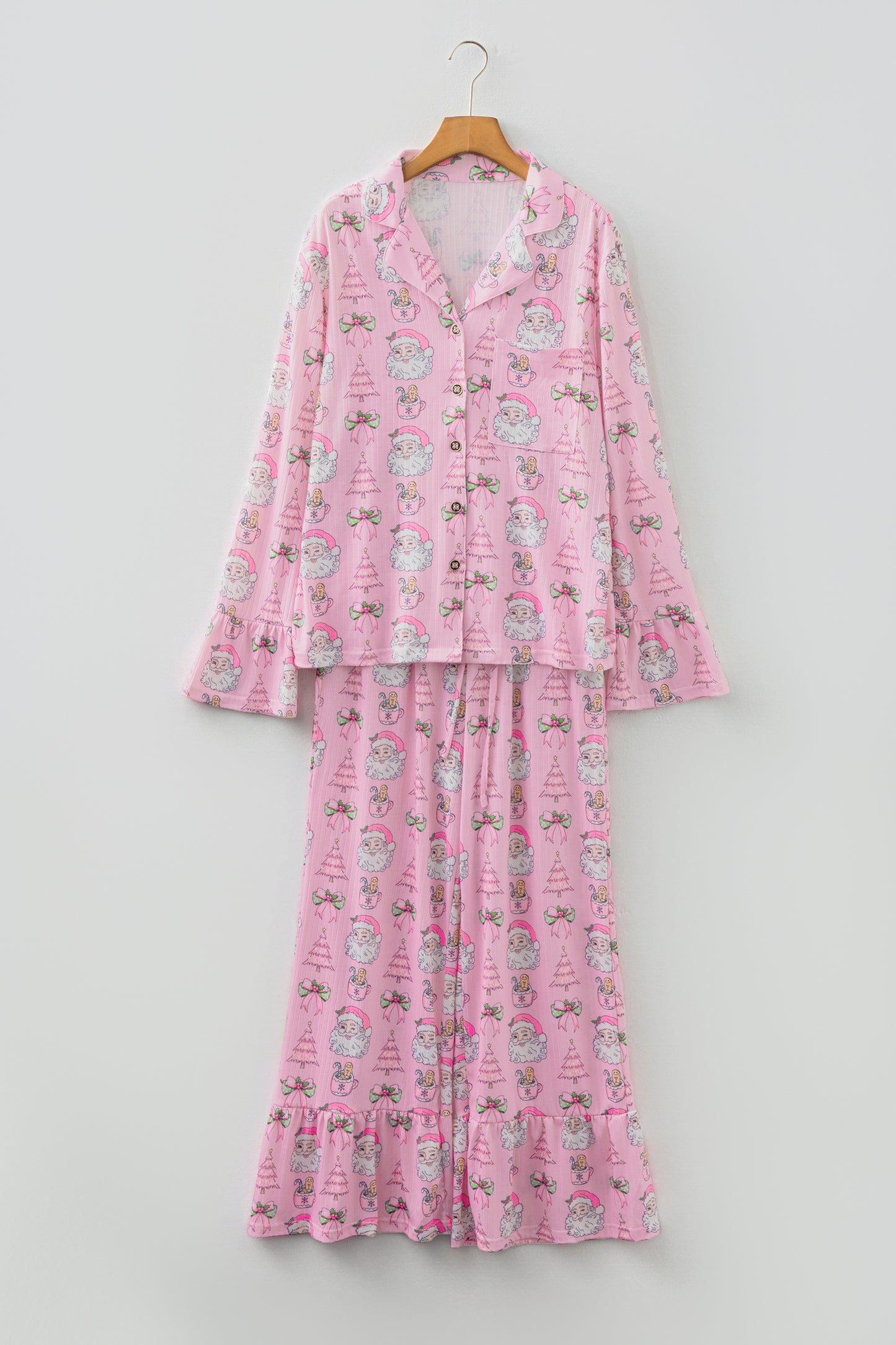 Pink Christmas Print Ruffled Ribbed Shirt & Pants 2 Piece PJ Set-Loungewear & Sleepwear/Sleepwear-[Adult]-[Female]-2022 Online Blue Zone Planet