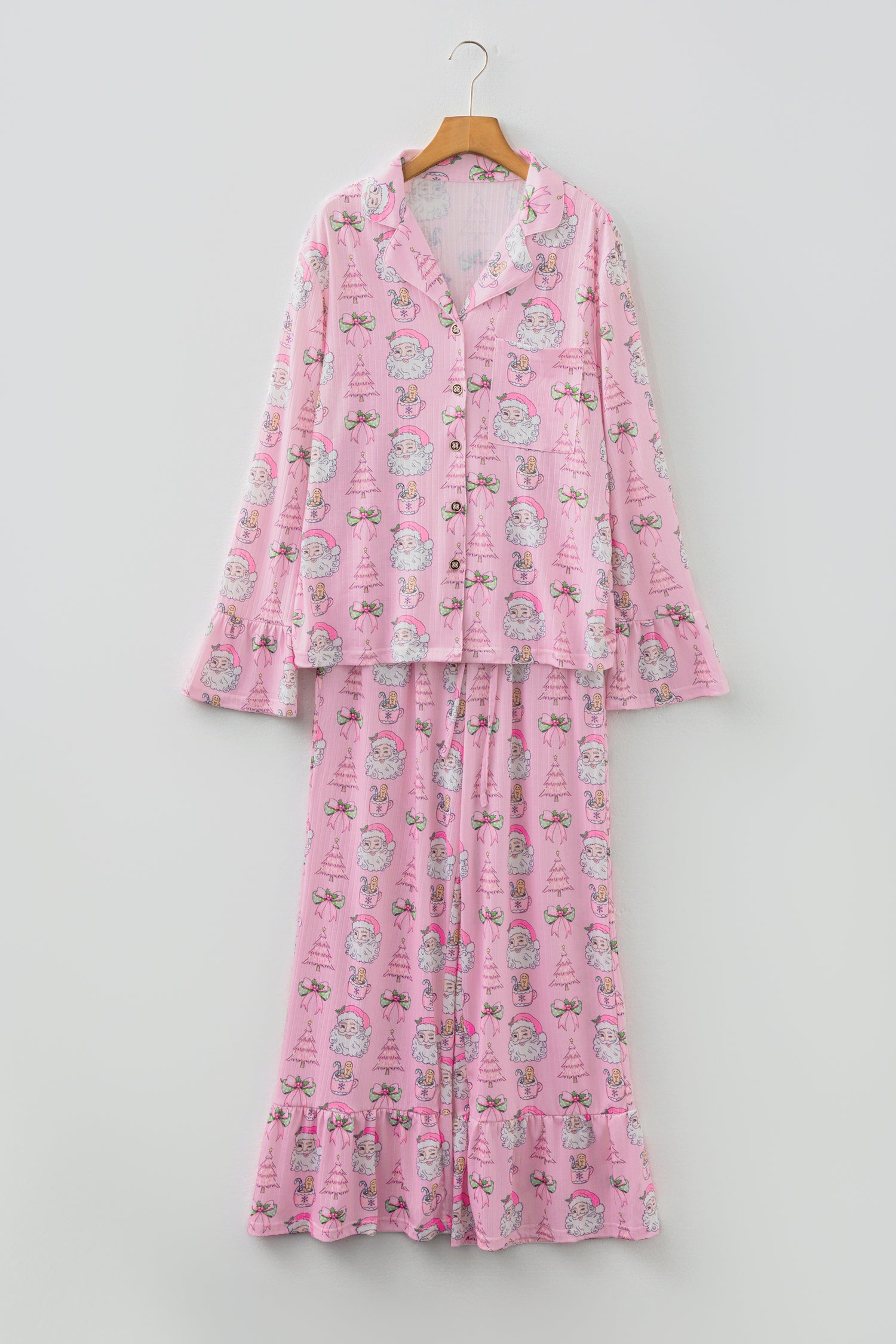 Pink Christmas Print Ruffled Ribbed Shirt & Pants 2 Piece PJ Set-Loungewear & Sleepwear/Sleepwear-[Adult]-[Female]-2022 Online Blue Zone Planet