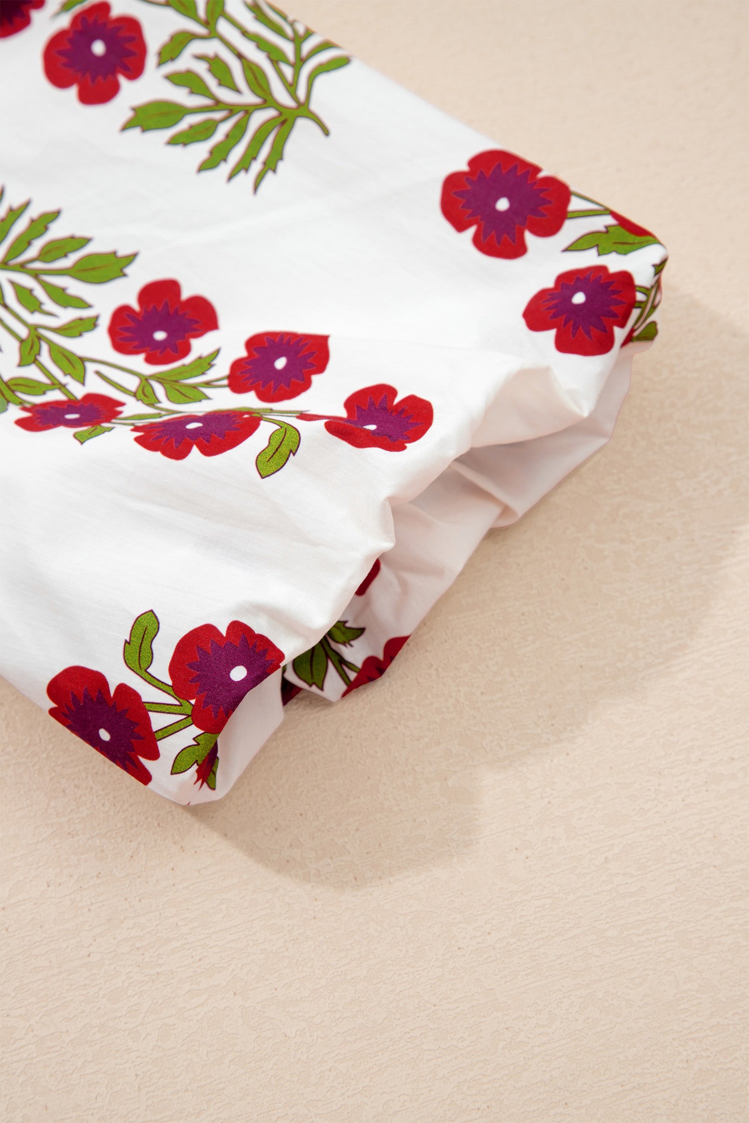 White Floral Short Bubble Sleeve Contrast Slit Neckline Blouse-Tops/Blouses & Shirts-[Adult]-[Female]-2022 Online Blue Zone Planet