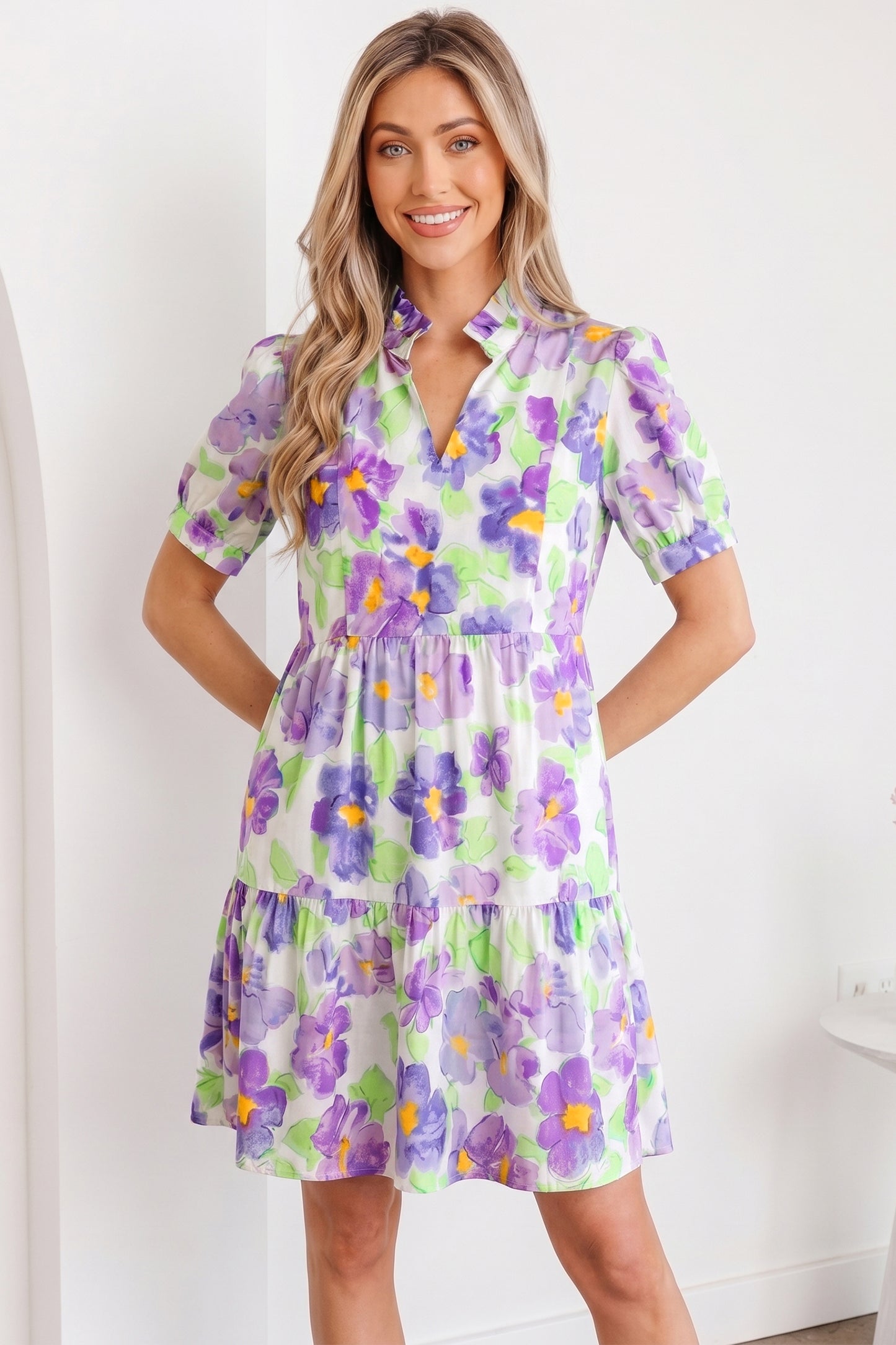 Purple Floral V Collar Short Sleeve Tiered Ruffle Mini Dress-TOPS / DRESSES-[Adult]-[Female]-2022 Online Blue Zone Planet