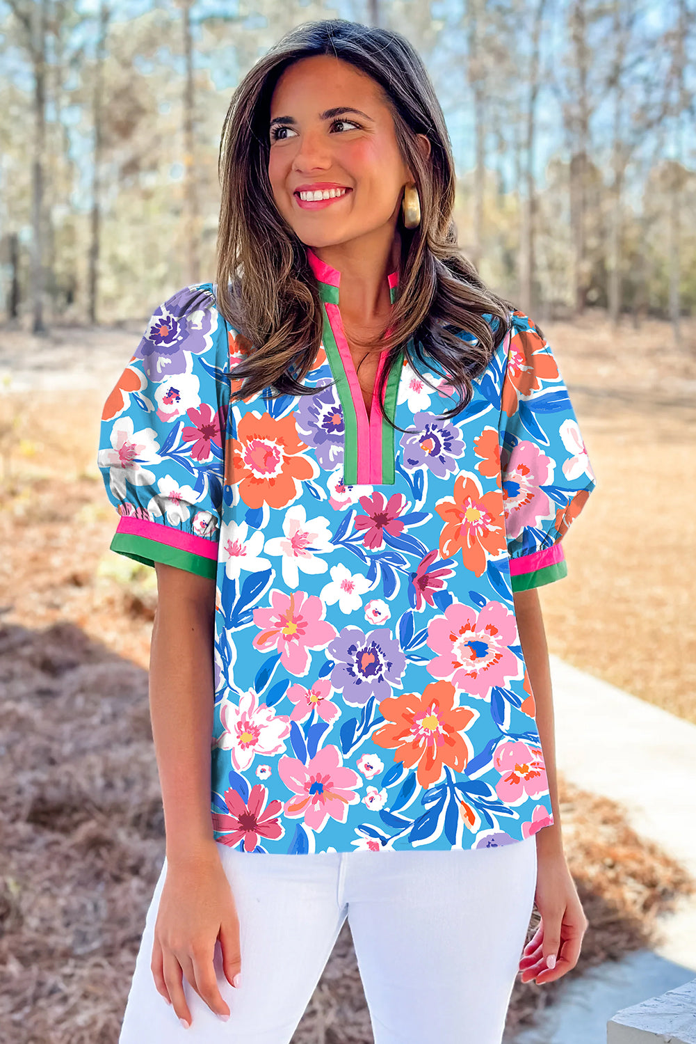 Sky Blue Floral Colorblock Edge Puff Sleeve Split Neck Blouse-Tops/Blouses & Shirts-[Adult]-[Female]-2022 Online Blue Zone Planet
