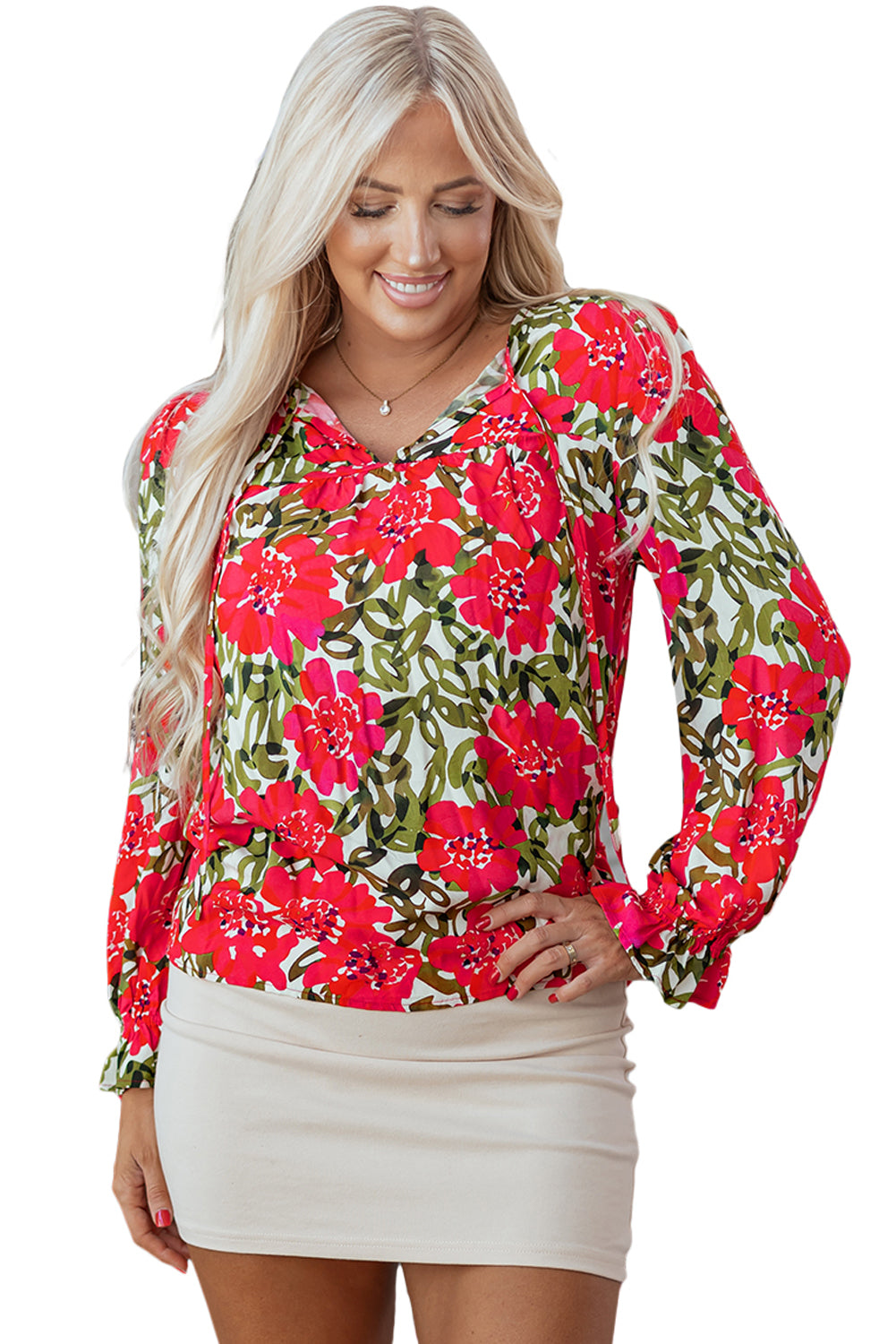 Red Floral Print Lace Up V Neck Flounce Sleeve Blouse-Tops/Blouses & Shirts-[Adult]-[Female]-2022 Online Blue Zone Planet