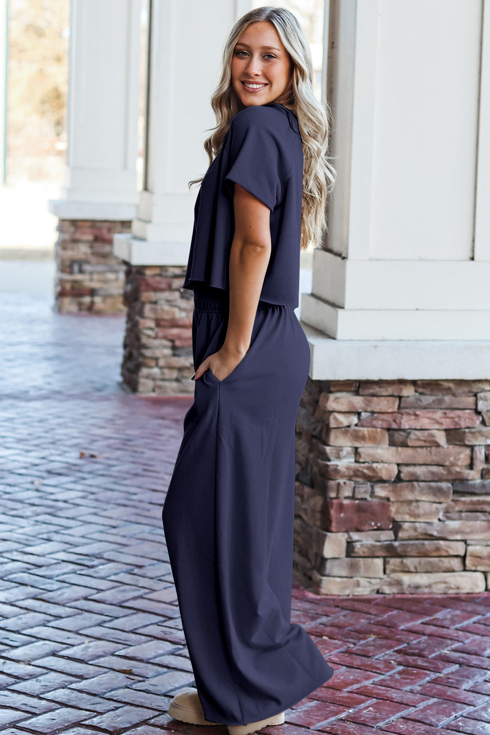 Seagrass Raw Hem Loose Tee And Wide Leg Pants Set-Two Piece Sets/Pant Sets-[Adult]-[Female]-2022 Online Blue Zone Planet