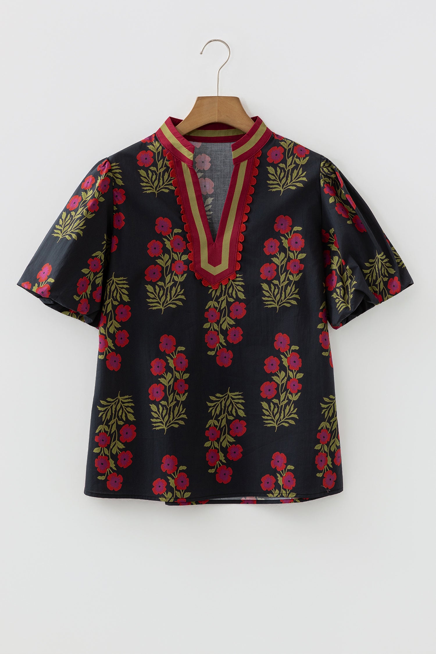 Black Floral Short Bubble Sleeve Contrast Slit Neckline Blouse-Tops/Blouses & Shirts-[Adult]-[Female]-2022 Online Blue Zone Planet