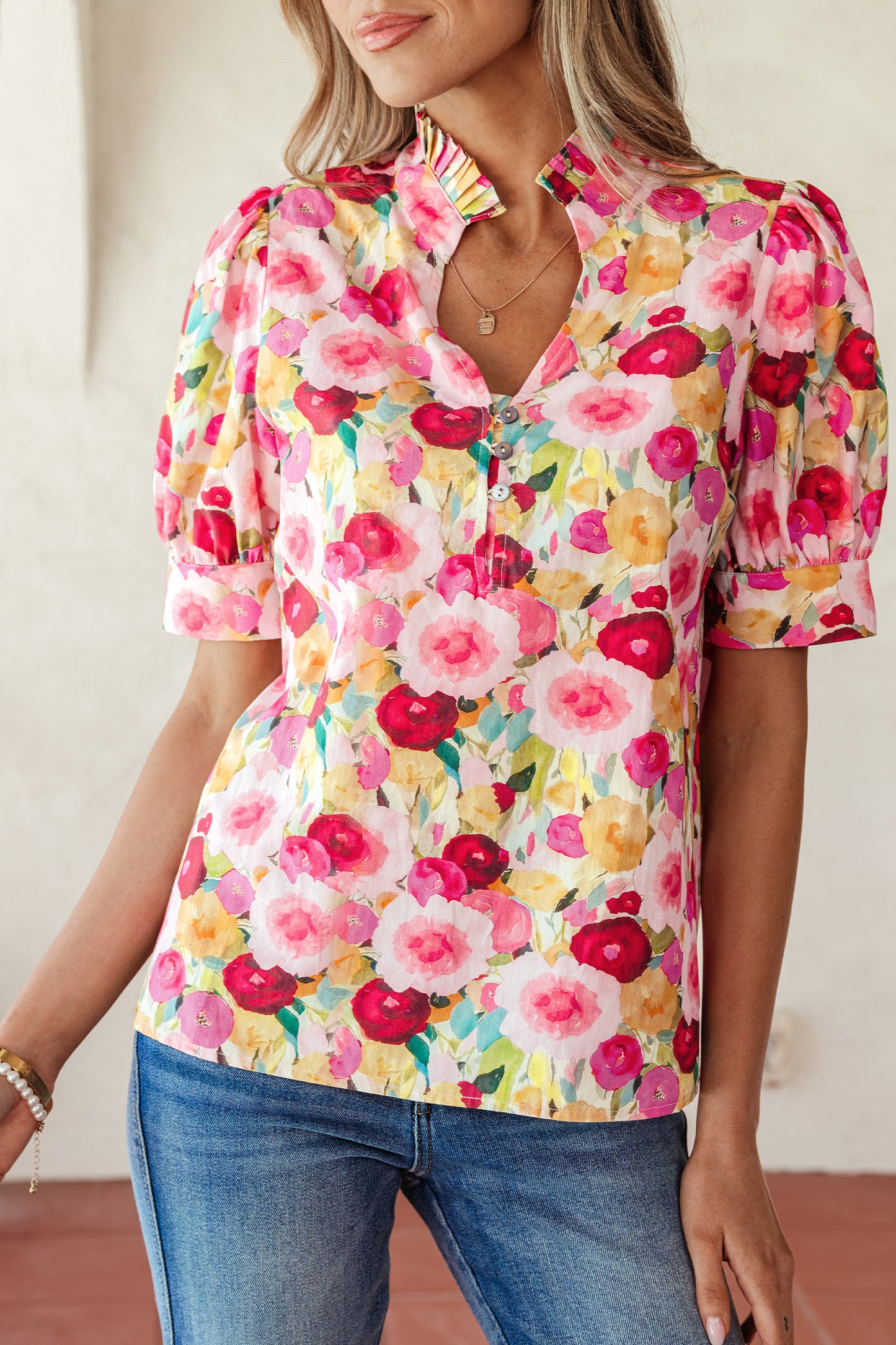 Pink Floral Frilled V Neck Puff Short Sleeve Blouse-Tops/Blouses & Shirts-[Adult]-[Female]-2022 Online Blue Zone Planet