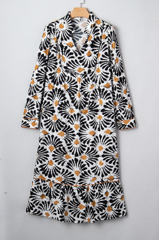 Black Abstract Floral Print Split V Neck Long Dress with Sleeves-Dresses/Maxi Dresses-[Adult]-[Female]-2022 Online Blue Zone Planet