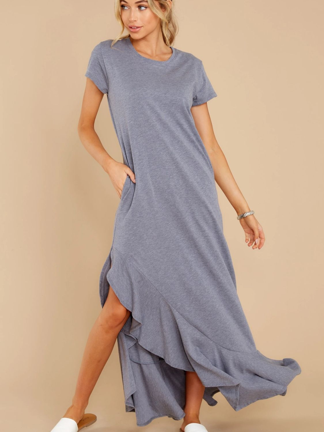 Blue Zone Planet | Slit Round Neck Short Sleeve Maxi Dress-TOPS / DRESSES-[Adult]-[Female]-Dark Gray-S-2022 Online Blue Zone Planet