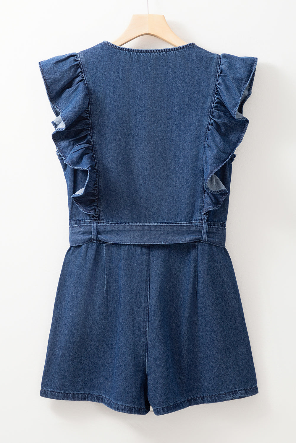 Sail Blue Denim Ruffled Zipped Front Belted Romper-Rompers-[Adult]-[Female]-2022 Online Blue Zone Planet