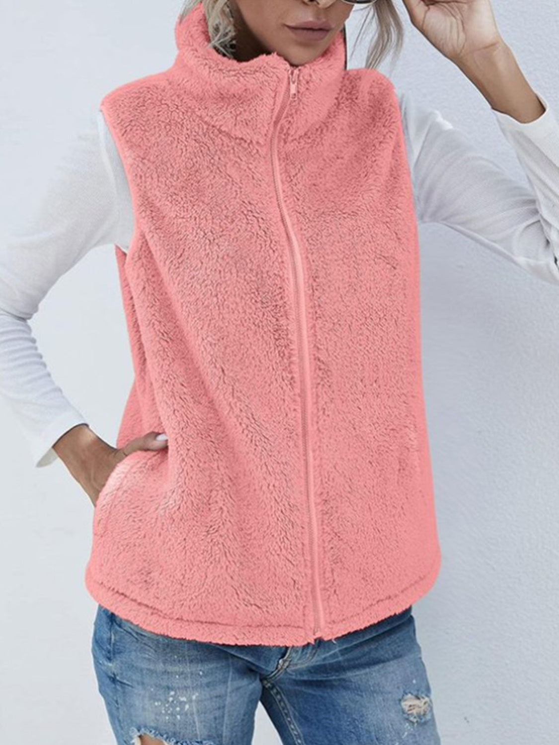 Full Size Fuzzy Zip Up Vest Coat with Pockets-TOPS / DRESSES-[Adult]-[Female]-Watermelon pink-S-2022 Online Blue Zone Planet