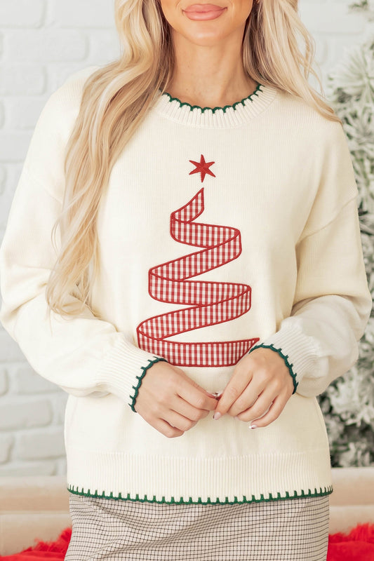 Beige Stitched Detail Christmas Tree Holiday Casual Sweater-Sweaters & Cardigans-[Adult]-[Female]-Beige-S-2022 Online Blue Zone Planet