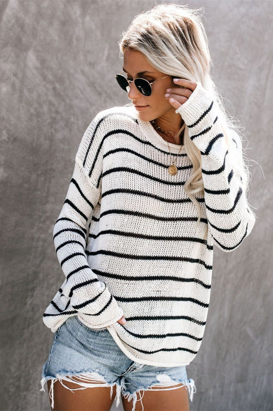 Striped Round Neck Drop Shoulder Sweater-TOPS / DRESSES-[Adult]-[Female]-White-S-2022 Online Blue Zone Planet