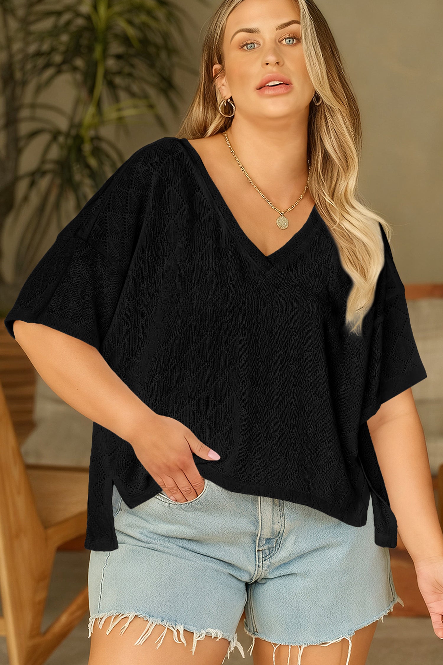 Sky Blue Pointelle Rhombus Knit Plus Size V Neck Loose Top-Plus Size/Plus Size Tops/Plus Size Tops & Tees-[Adult]-[Female]-2022 Online Blue Zone Planet