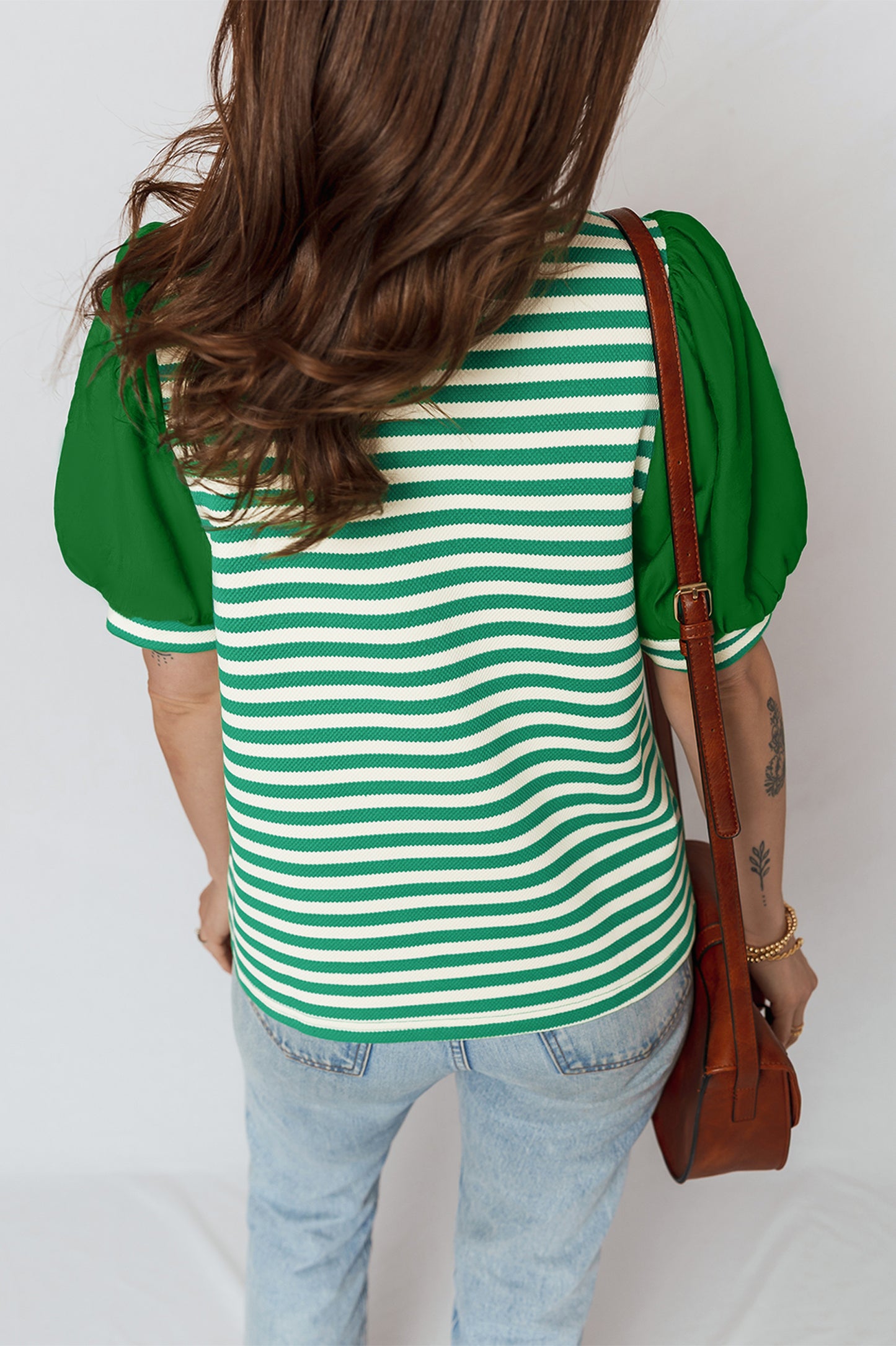 Green Stripe Puff Short Sleeve Patchwork V Neck Blouse-Tops/Blouses & Shirts-[Adult]-[Female]-2022 Online Blue Zone Planet
