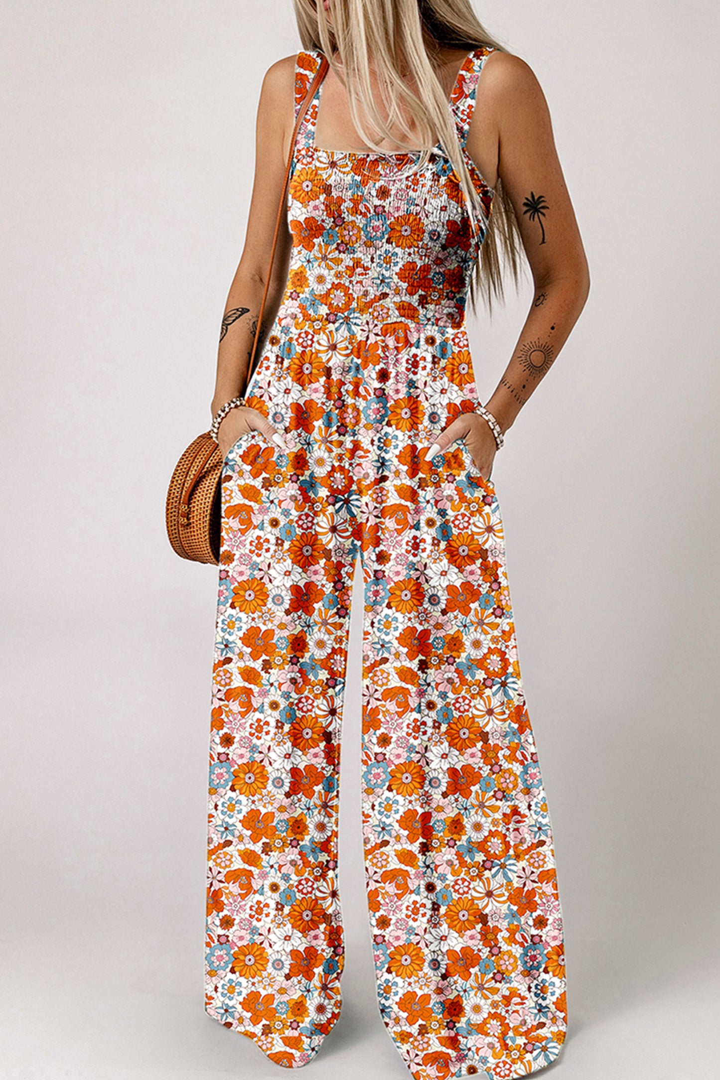 Orange Floral Print Sleeveless Smocked Shift Jumpsuit-Bottoms/Jumpsuits & Rompers-[Adult]-[Female]-2022 Online Blue Zone Planet
