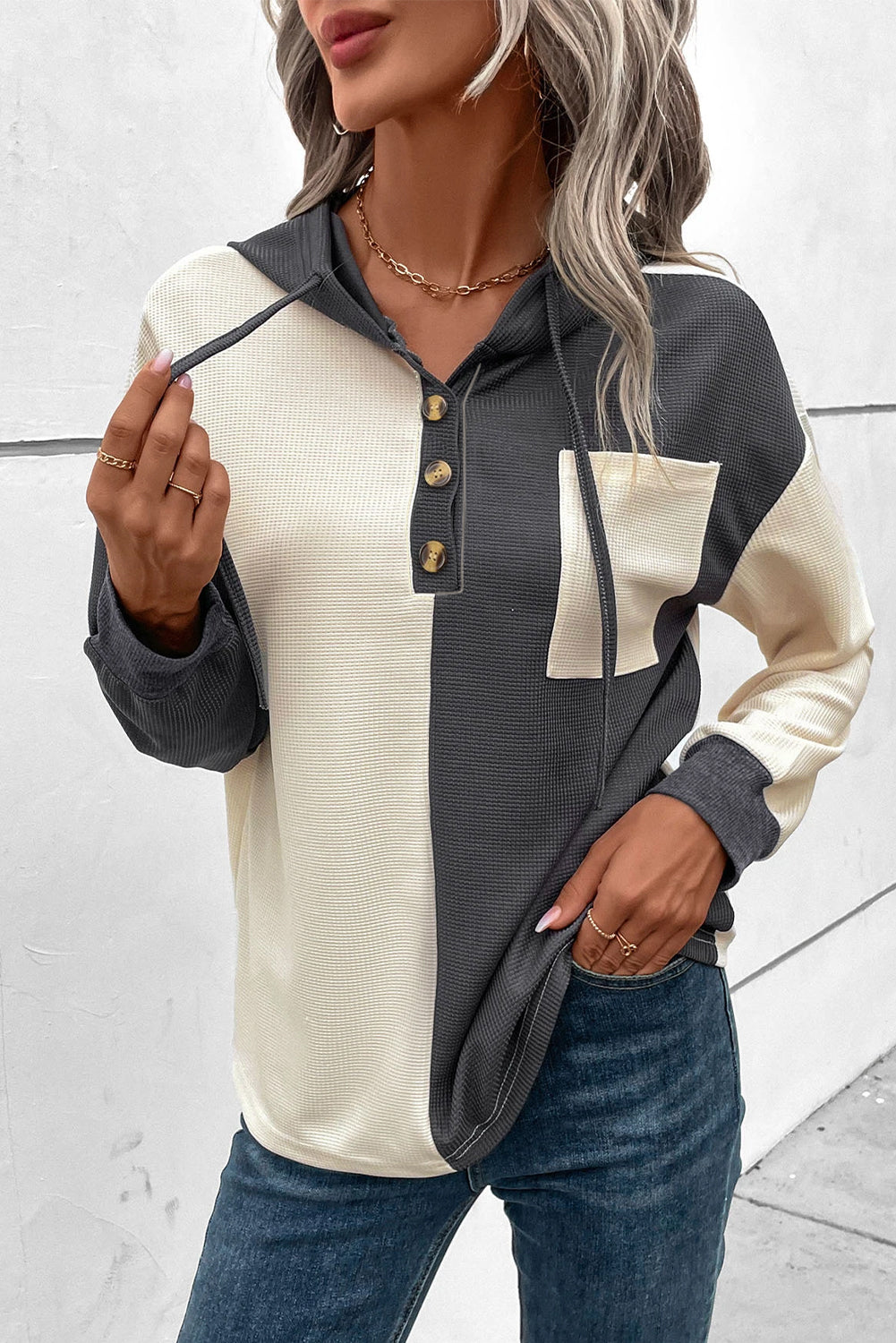 Dark Grey Waffle Colorblock Buttons Placket Drop Shoulder Drawstring Hoodie-Tops/Sweatshirts & Hoodies-[Adult]-[Female]-2022 Online Blue Zone Planet