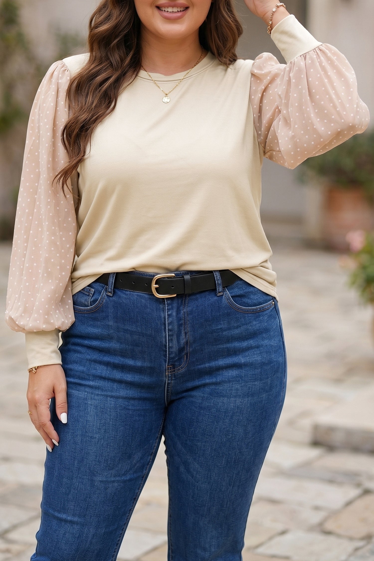 Parchment Polka Dot Long Sleeve Round Neck Plus Size Blouse-Plus Size/Plus Size Tops/Plus Size Long Sleeve Tops-[Adult]-[Female]-2022 Online Blue Zone Planet