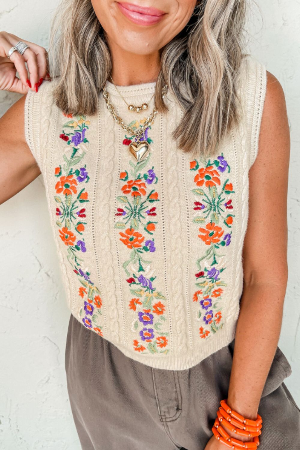 Embroidered Cable-Knit Round Neck Sweater Vest-TOPS / DRESSES-[Adult]-[Female]-Beige-S-2022 Online Blue Zone Planet