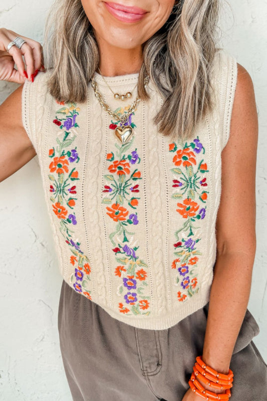 Embroidered Cable-Knit Round Neck Sweater Vest-TOPS / DRESSES-[Adult]-[Female]-Beige-S-2022 Online Blue Zone Planet