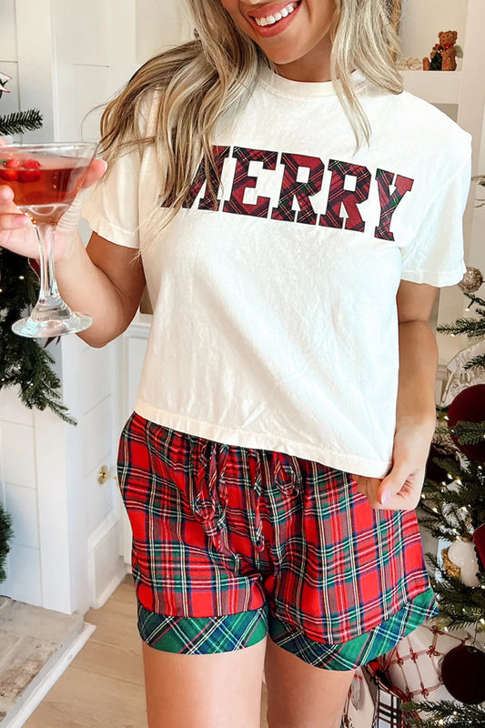 White Plaid Letter Print Short Sleeve Top Elastic Waist Pocket Shorts Lounge Set-Loungewear & Sleepwear/Loungewear-[Adult]-[Female]-White-S-2022 Online Blue Zone Planet