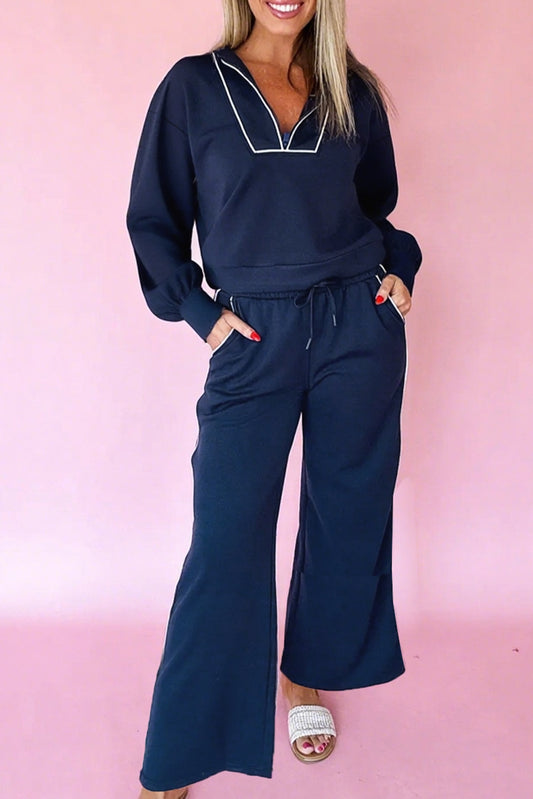 Navy Blue Contrast Piping Zipped Pullover Cropped Pants Set-Two Piece Sets/Pant Sets-[Adult]-[Female]-2022 Online Blue Zone Planet