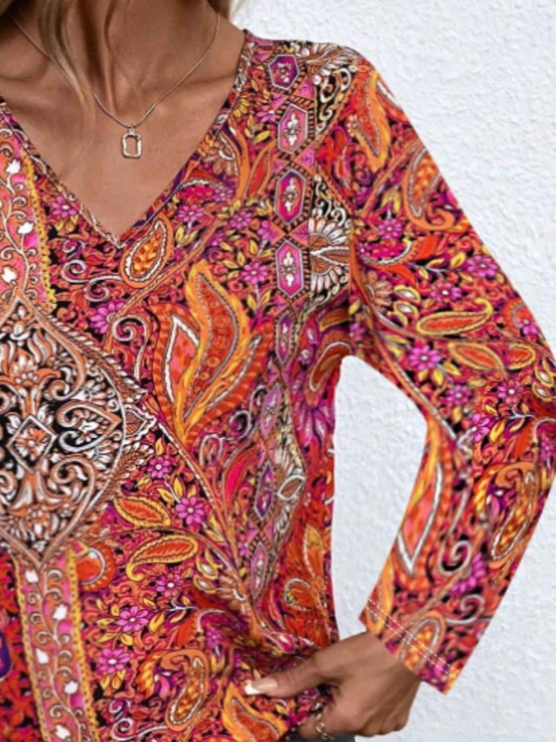 Printed V-Neck Long Sleeve Blouse-TOPS / DRESSES-[Adult]-[Female]-2022 Online Blue Zone Planet