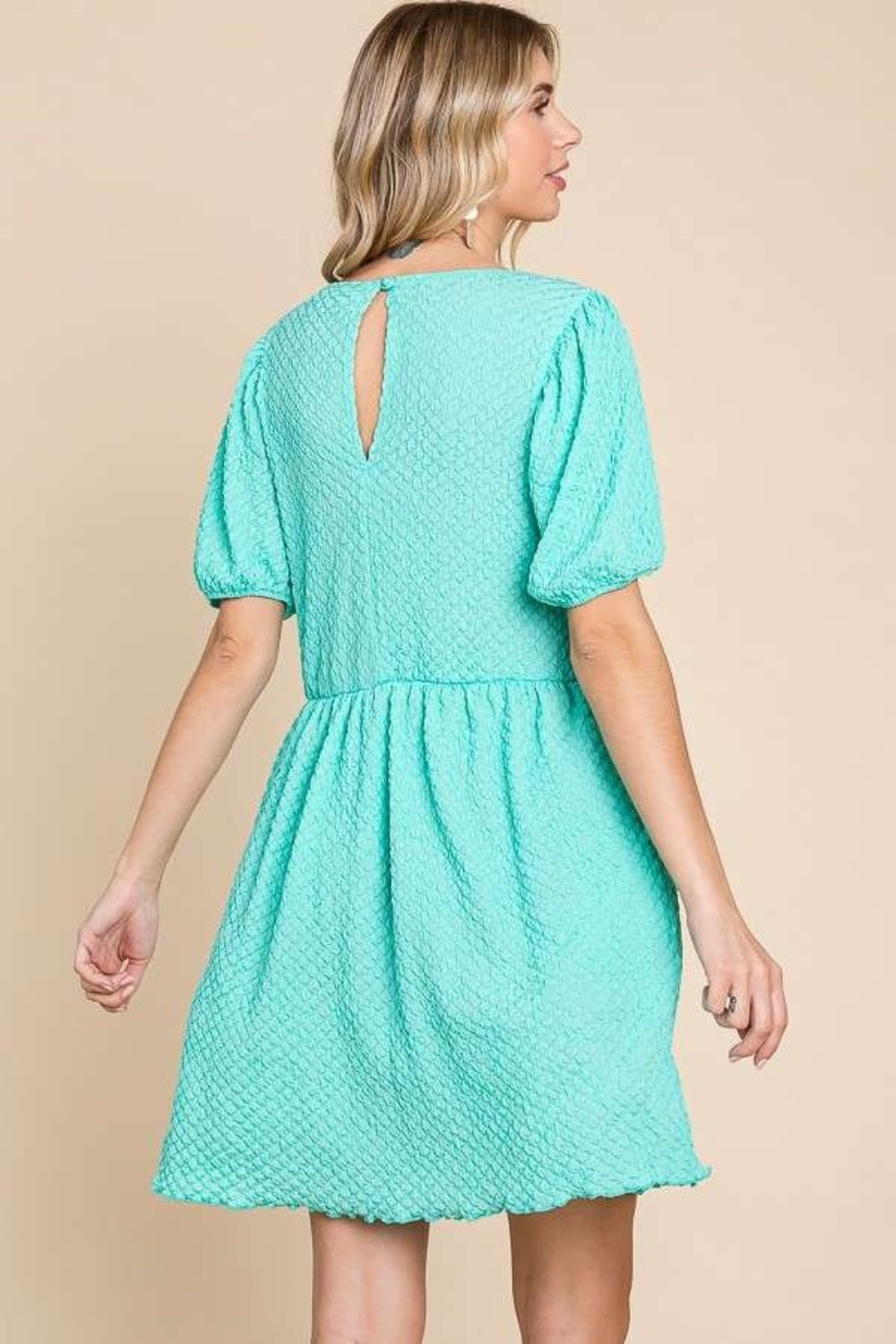 Culture Code Full Size Textured Round Neck Puff Sleeve Dress-TOPS / DRESSES-[Adult]-[Female]-2022 Online Blue Zone Planet