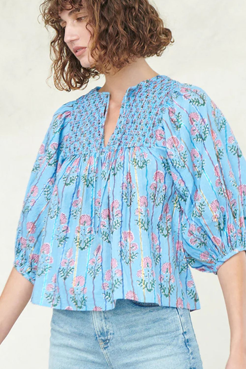 Smocked Floral Print Tie Neck Blouse-TOPS / DRESSES-[Adult]-[Female]-2022 Online Blue Zone Planet