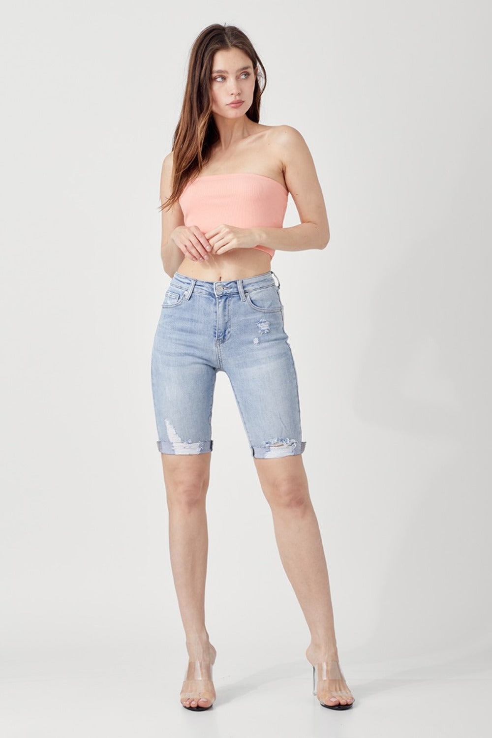 RISEN High Rise Distressed Denim Bermuda Shorts-BOTTOMS SIZES SMALL MEDIUM LARGE-[Adult]-[Female]-2022 Online Blue Zone Planet