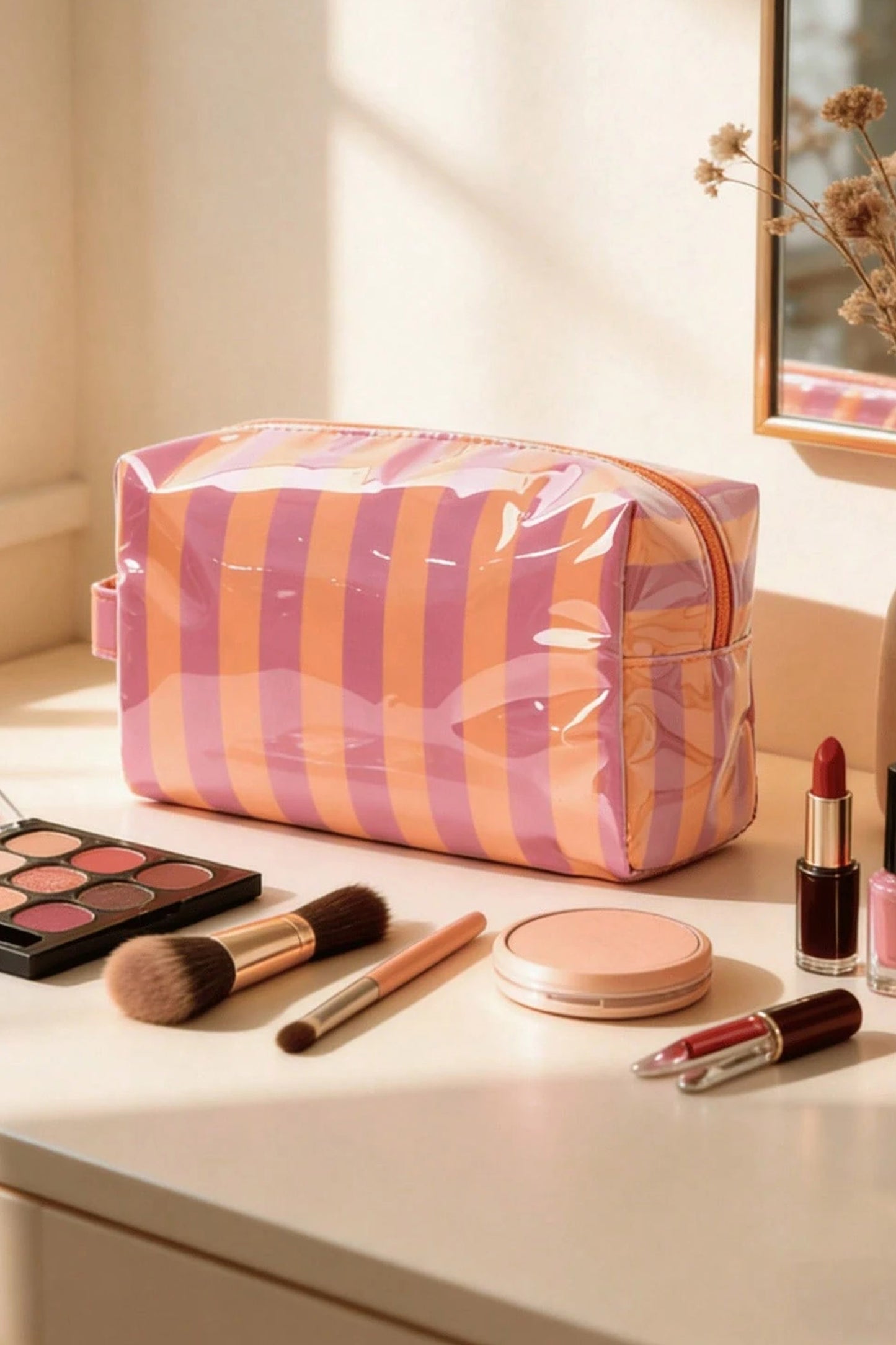 Light Pink PVC Striped Cosmetic Bag Durable Zipper Handle Travel Organizer