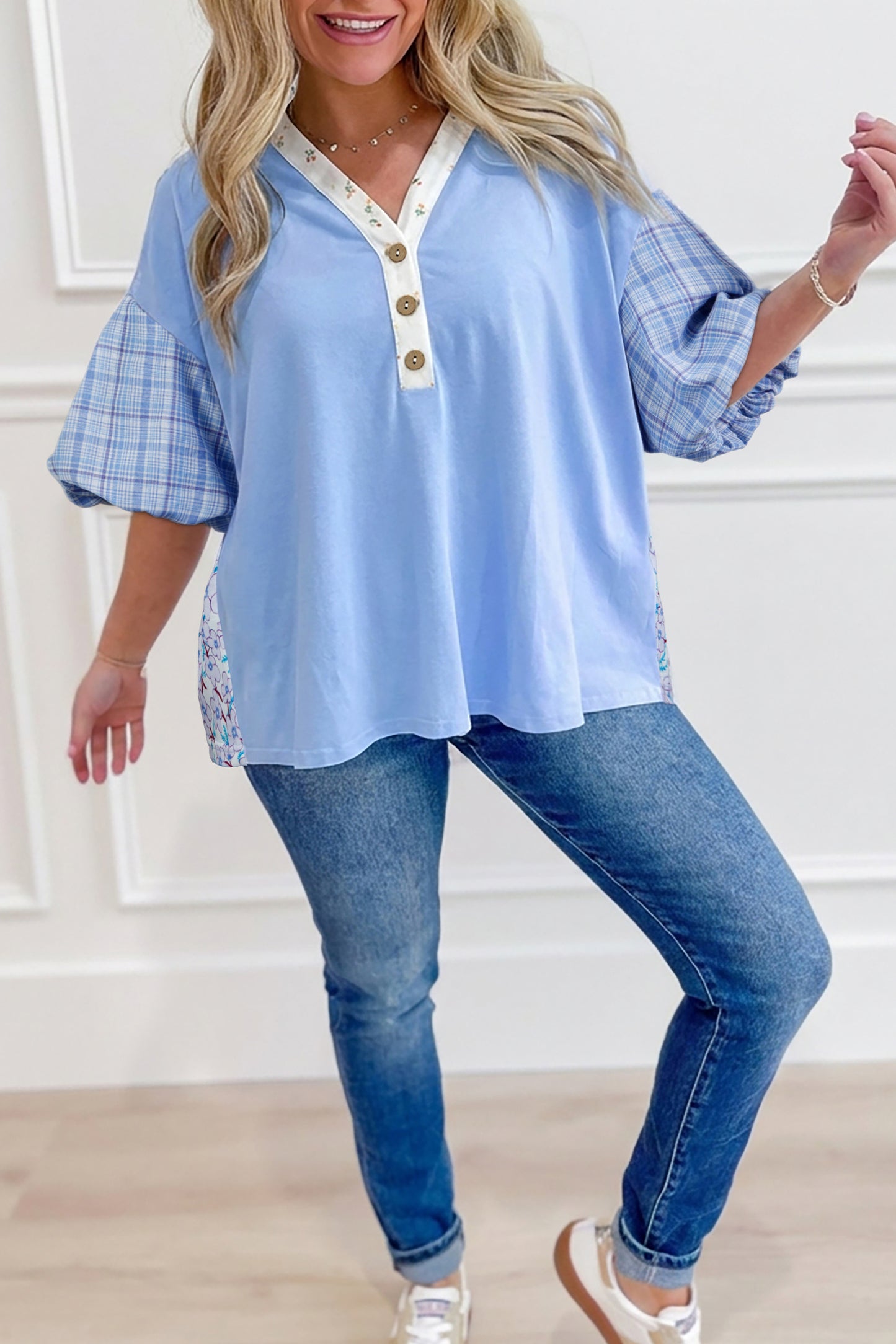 Beau Blue Color Block Plaid Bubble Sleeve Patchwork Blouse-Tops/Blouses & Shirts-[Adult]-[Female]-Beau Blue-S-2022 Online Blue Zone Planet