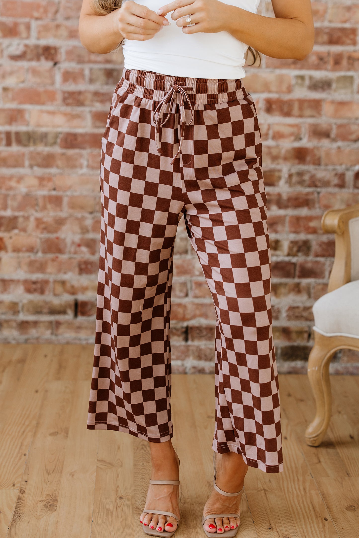 Khaki Checkered Elastic High Waist Loose Casual Pants-Bottoms/Pants & Culotte-[Adult]-[Female]-2022 Online Blue Zone Planet