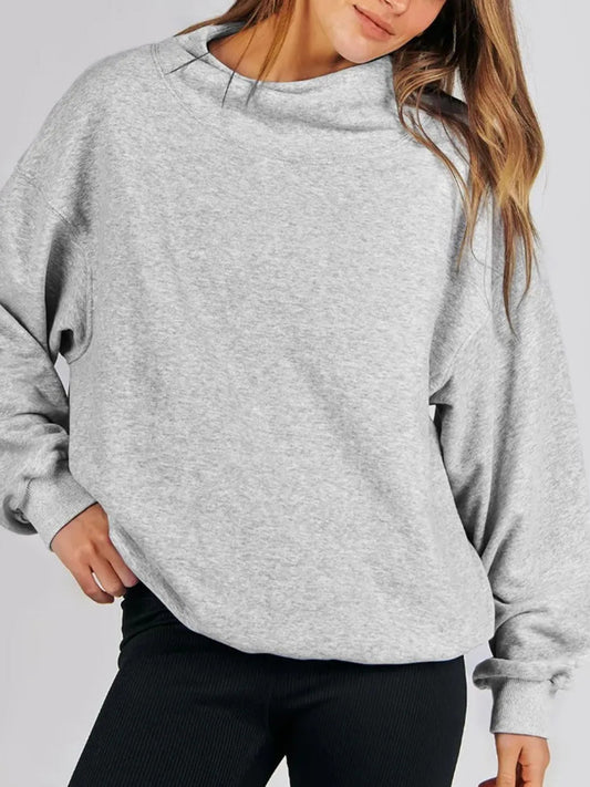 Blue Zone Planet | Mock Neck Drop Shoulder Long Sleeve Sweatshirt-TOPS / DRESSES-[Adult]-[Female]-Light Gray-S-2022 Online Blue Zone Planet