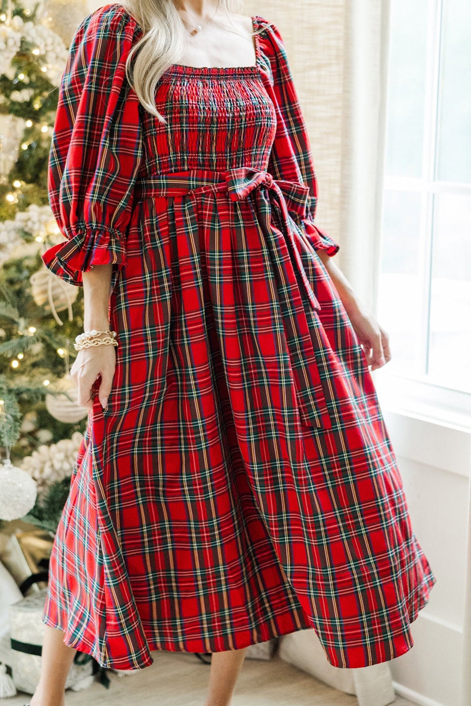 Red Tartan Plaid Square Neck Puff Sleeve Knot Waist Flared Midi Dress-TOPS / DRESSES-[Adult]-[Female]-2022 Online Blue Zone Planet