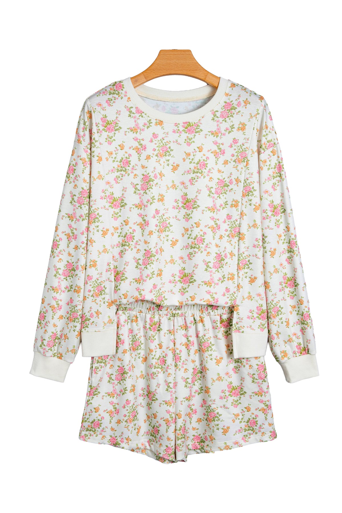 Beige Floral Print Long Sleeve Shift Top Pocketed Shorts 2pcs Set-Two Piece Sets/Short Sets-[Adult]-[Female]-2022 Online Blue Zone Planet