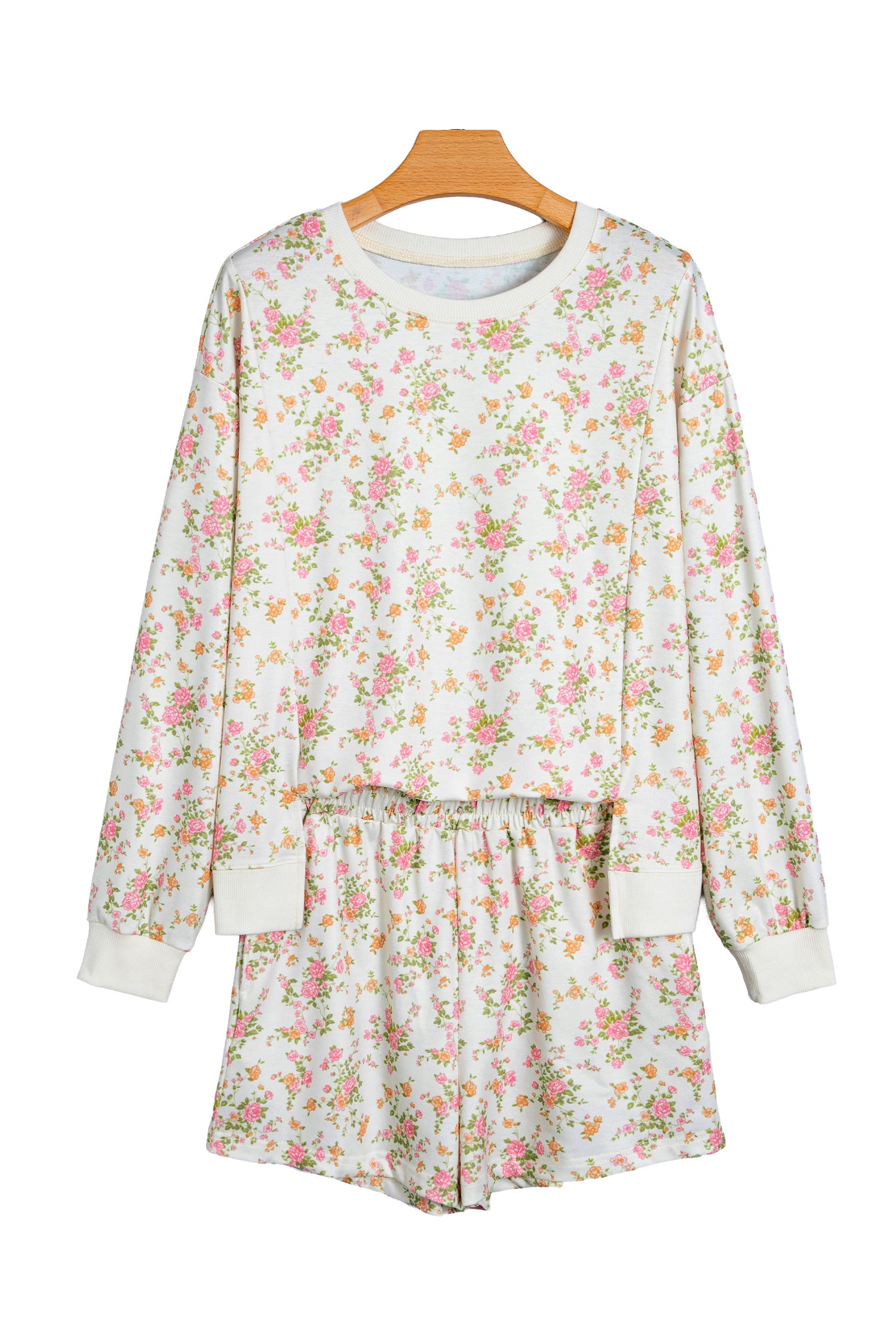 Beige Floral Print Long Sleeve Shift Top Pocketed Shorts 2pcs Set-Two Piece Sets/Short Sets-[Adult]-[Female]-2022 Online Blue Zone Planet