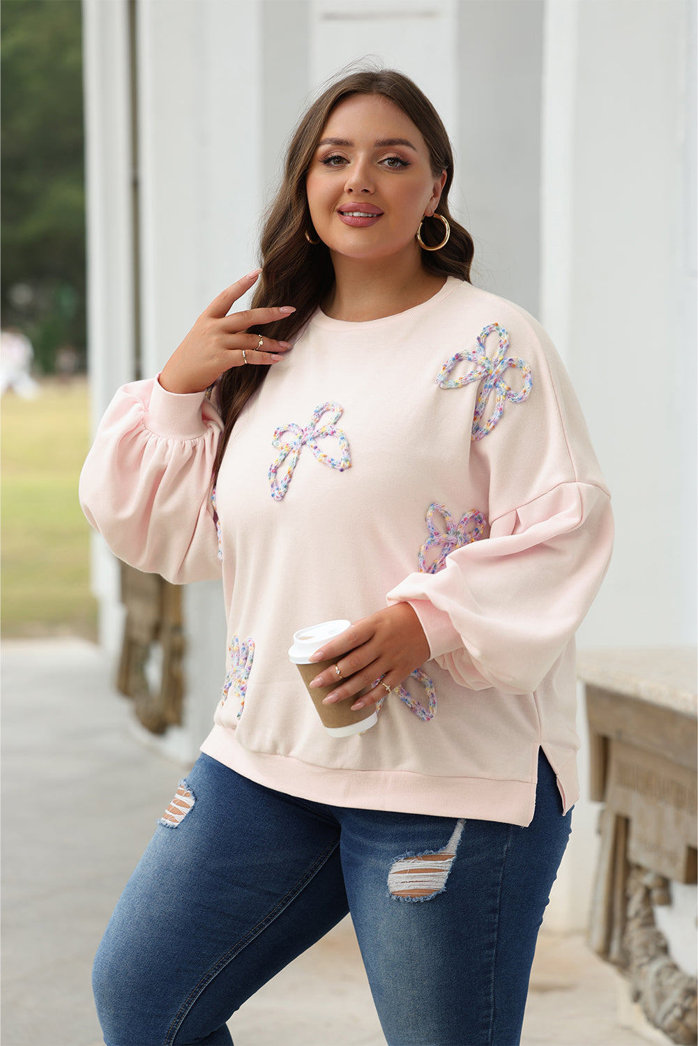 Blue Zone Planet | Light Pink Embroidered Bow Lantern Sleeve Oversized Pullover Sweatshirt-Tops/Sweatshirts & Hoodies-[Adult]-[Female]-2022 Online Blue Zone Planet